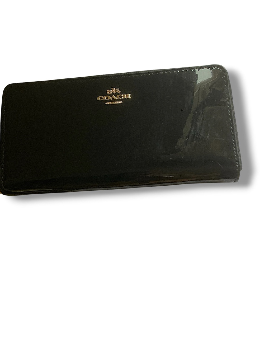 Coach Glossy Patent Leather Zip Wallet - Black with Gold Logo